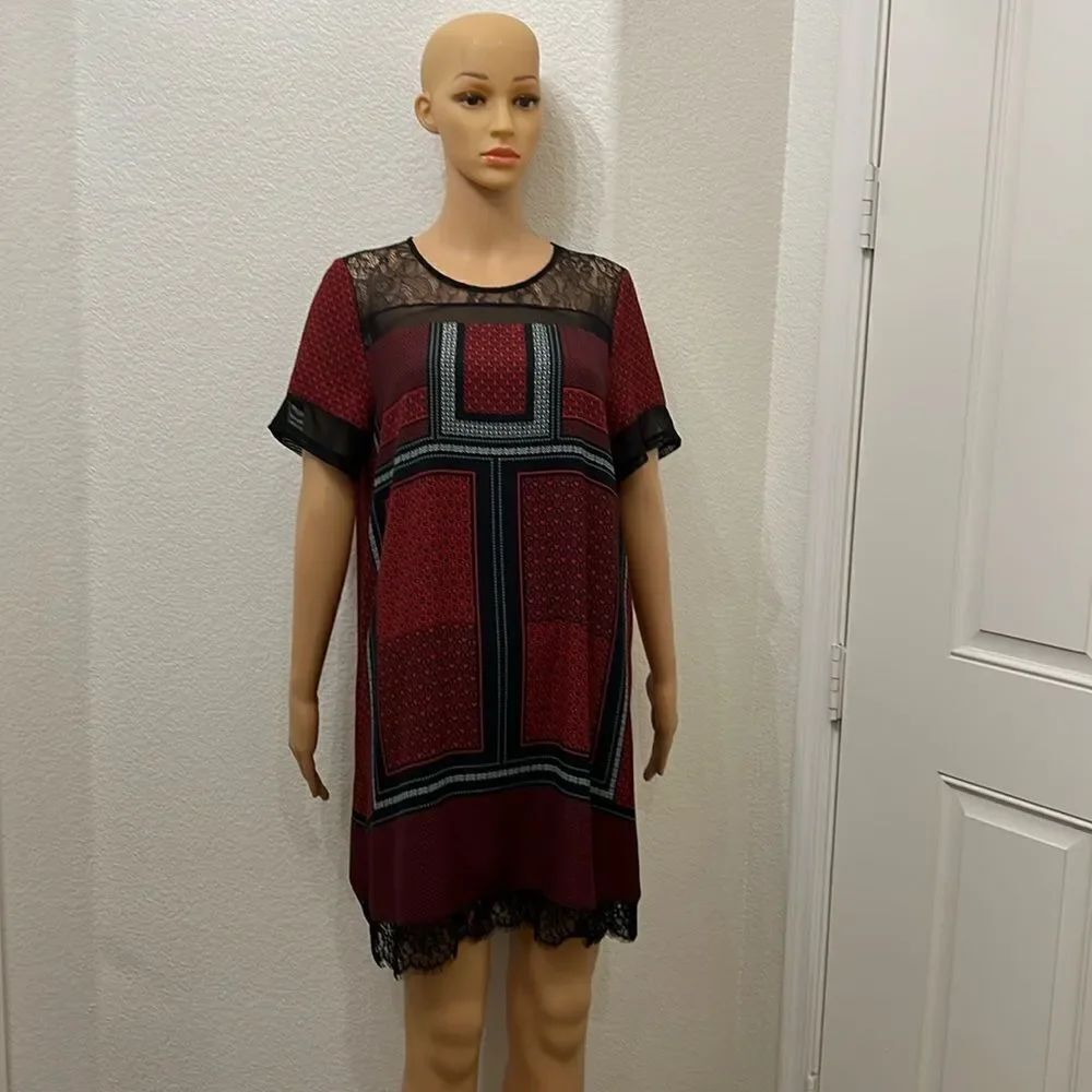 Express Medium Red Black Midi Dress Sheer Lace Short Sleeve